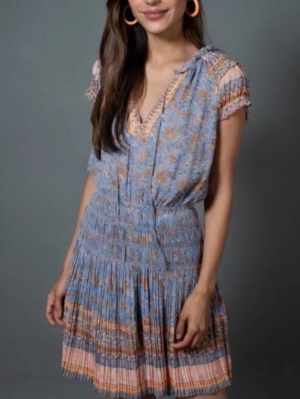 Current Air Blue & Peach Floral Smocked Midi Dress
